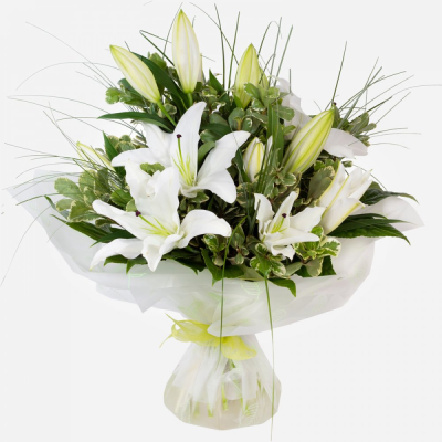 Forever Yours - Show your affection with this fabulous hand-tied  featuring white oriental lilies and foliage. 